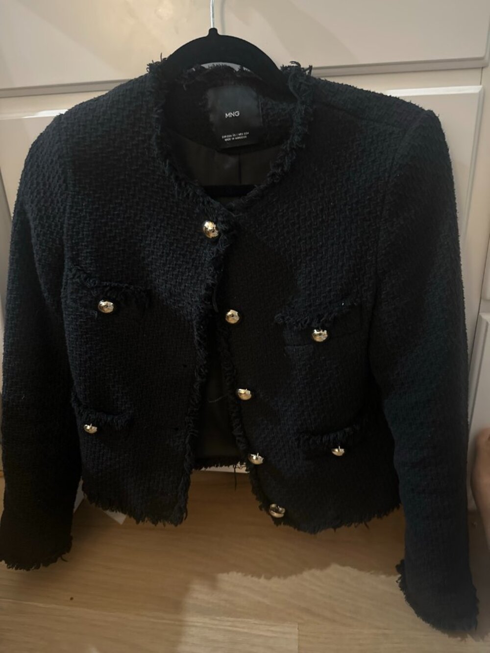 Mango Black Tweed Cropped Jacket with Gold Buttons
